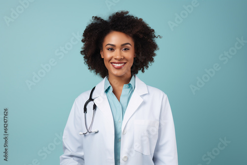 Female doctor in uniform portrait on blue background. Copy space. Generative AI