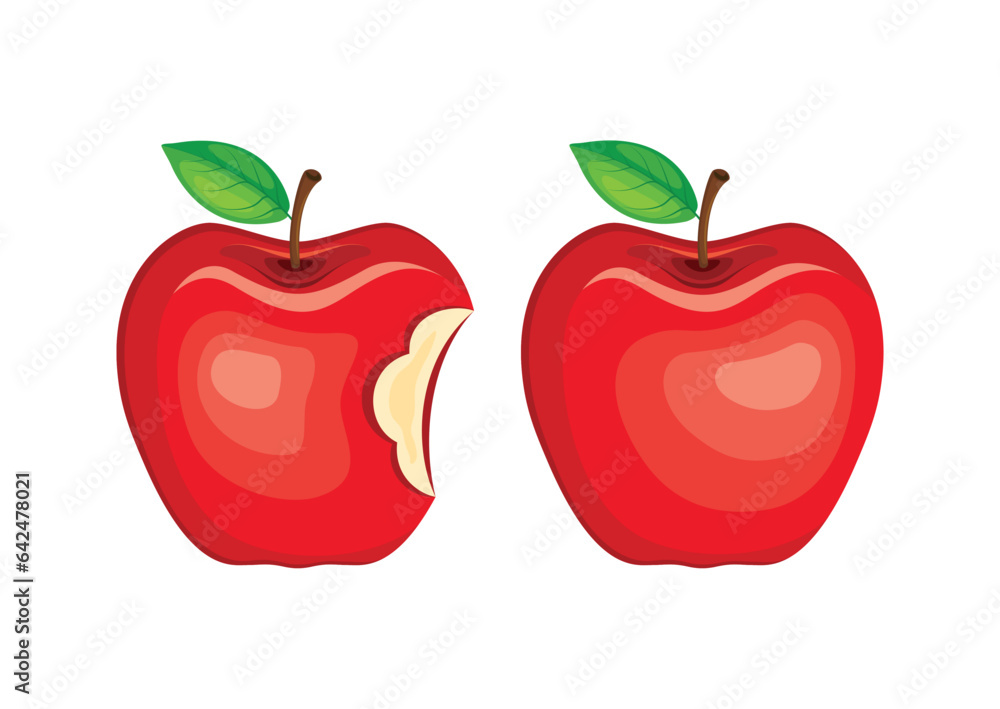 Whole apple and bitten red apple fruit icon vector. Red fresh apples fruit icon set isolated on a white background Whole apple and bitten red apple fruit icon vector. Red fresh apples fruit icon set isolated on a white background