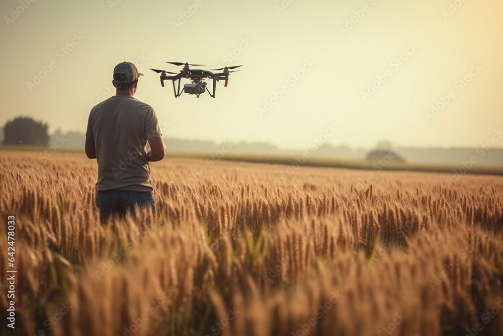 custom made wallpaper toronto digitalModern and future farming, farmer using drone and robots technology in farm fields. Generative AI