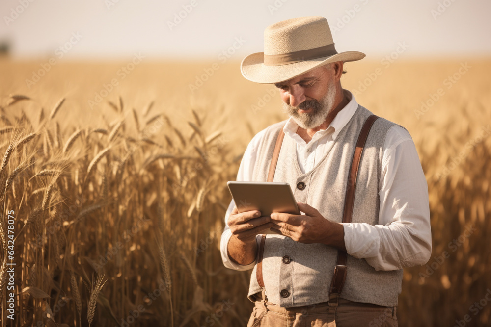 Modern and future farming, farmer using drone and robots technology in farm fields. Generative AI Modern and future farming, farmer using drone and robots technology in farm fields. Generative AI