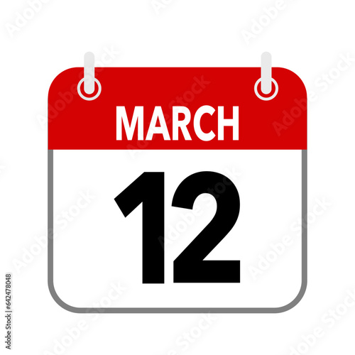12 March, calendar date icon on white background.