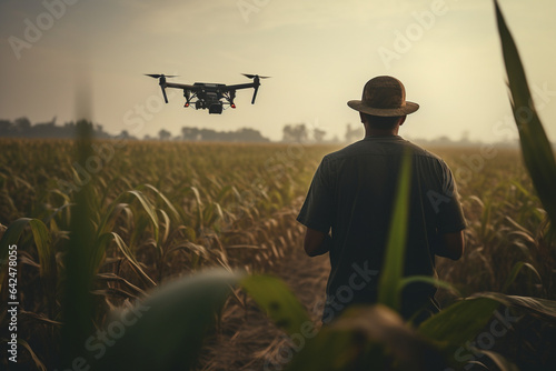 Modern and future farming, farmer using drone and robots technology in farm fields. Generative AI