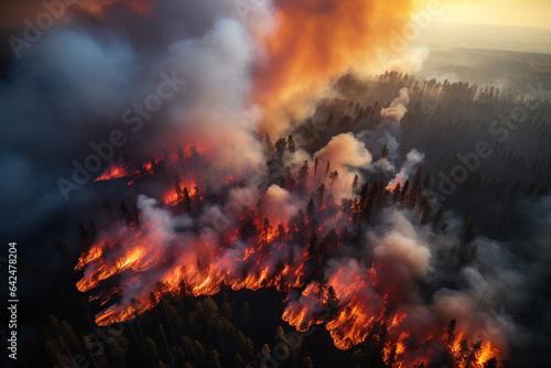 Wildfire in forest near residential area  climate change and global warming hazard. Generative AI