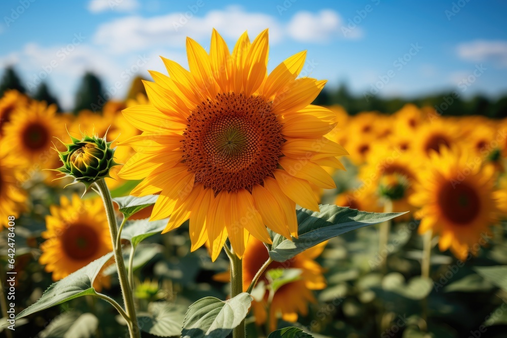 Fototapeta premium Sunflower field with cloudy blue sky on background. Sunflower natural background.Generative AI