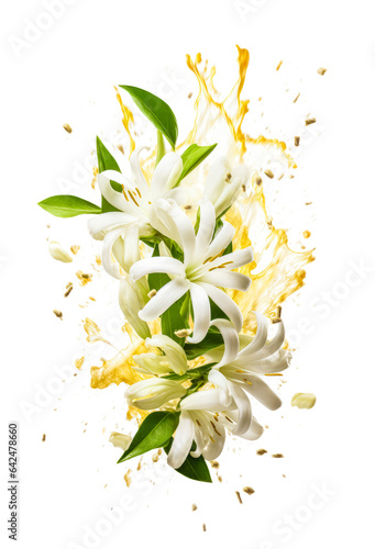 green tea splash with jasmine tea and white jasmine flowers, refreshing drink, healthy food design element, isolated