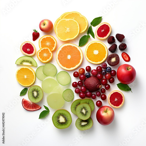 Koło owoców pociętych na plasterki - źródło witamin na białym tle wyizolowane. Kiwi, limonka, pomarańcz, cytryna, grejpfrut, jabłko, granat, truskawka, wiśnia