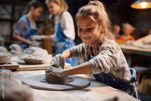 Kids larning creative art, pottery making with clay. Modern creative education. Generative AI photo