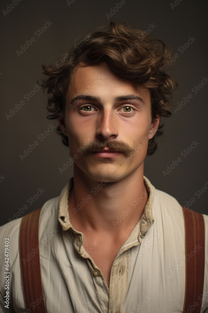 Young man wearing mustache. Movember cancer awareness concept. Generative AI Young man wearing mustache. Movember cancer awareness concept. Generative AI