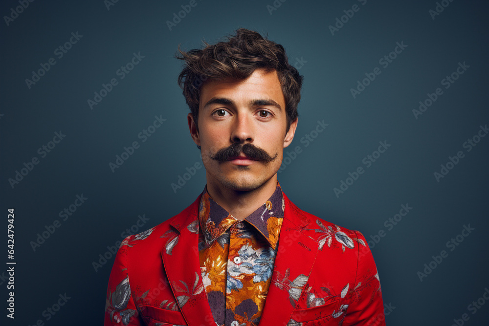 Fototapeta premium Young man wearing mustache. Movember cancer awareness concept. Generative AI