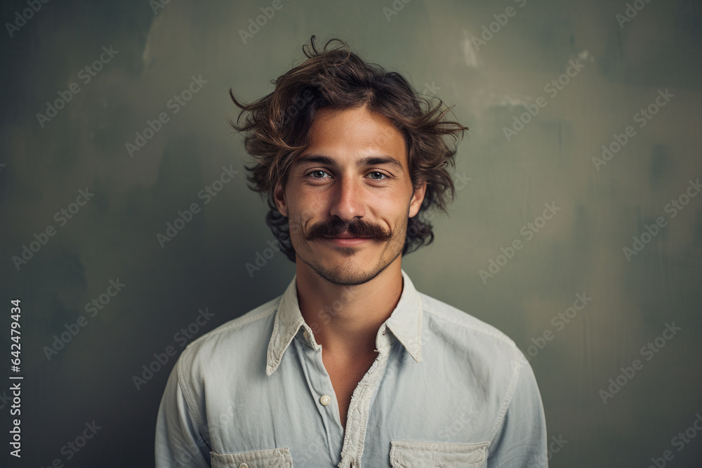 Young man wearing mustache. Movember cancer awareness concept. Generative AI - obrazy, fototapety, plakaty 