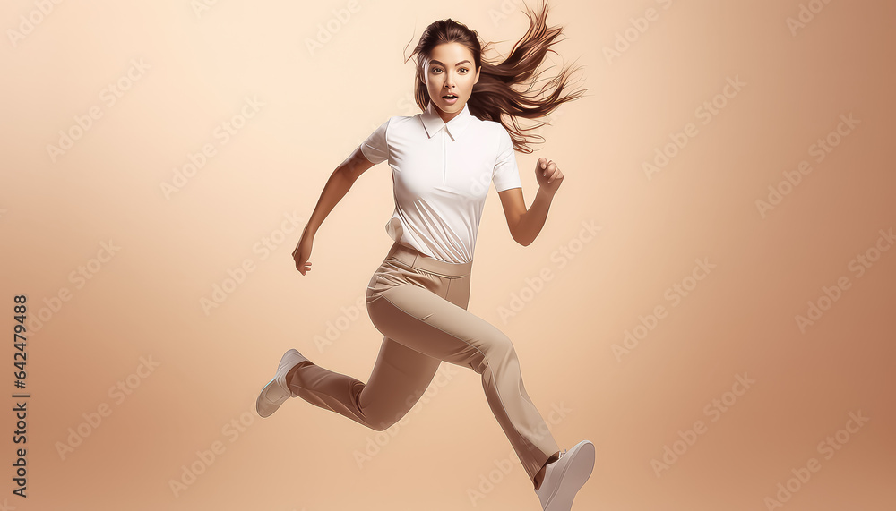 Sports woman running over beige background
