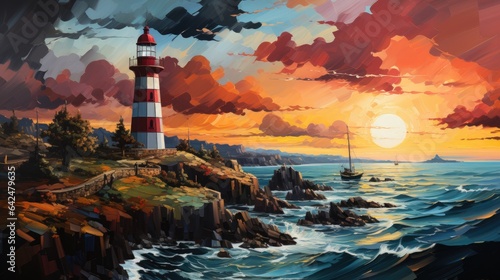 A painting of a lighthouse on a rocky shore. Digital image.