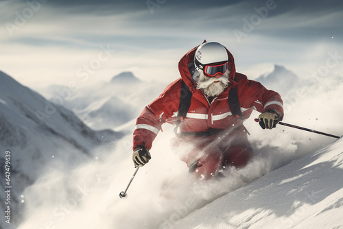 Santa Claus skiing on slope in deep snow. Generative AI