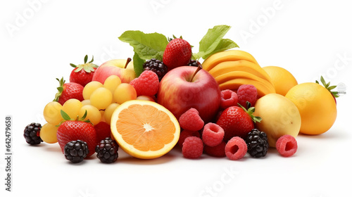 Owoce egzotyczne na białym tle wyizolowany. Kompozycja. Źródło składników odżywczych, witamin. Zdrowa przekąska. Jabłko, malina, pomarańcz, banan, winogron, truskawka, jeżyna. photo