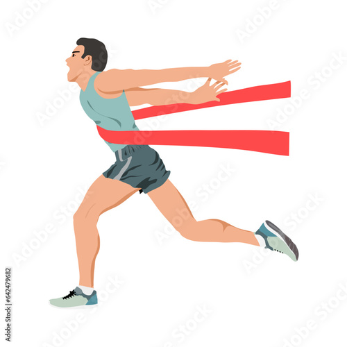 Running man run to goal by your legs that he cross red finish line.
