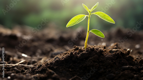 young plant in soil. Generative AI
