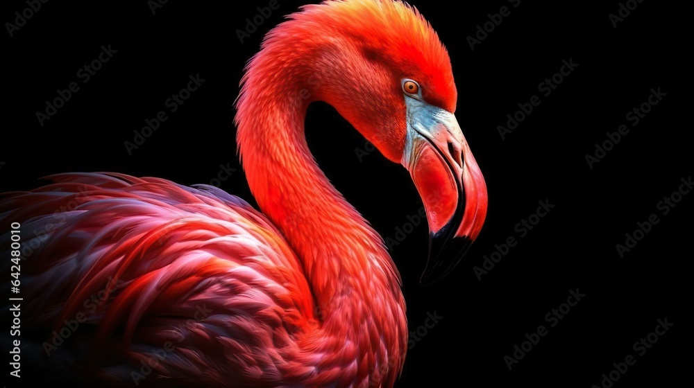 Obraz premium Portrait of the pink flamingo bird. Dark background. Copy space.