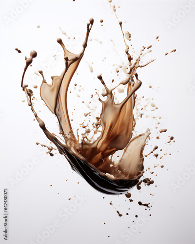 splash of coffee from a fallen cup, isolated background, hyper realistic, beautiful dreammy light,