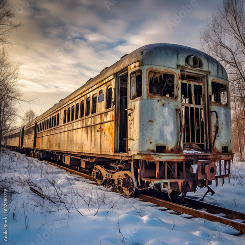 Solitude in Snow: Abandoned Train amidst Winter's Embrace - generative ai