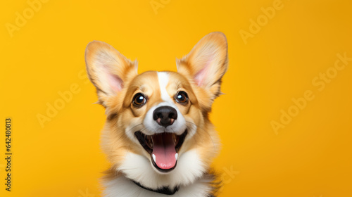 Happy smiling dog isolated on yellow background.