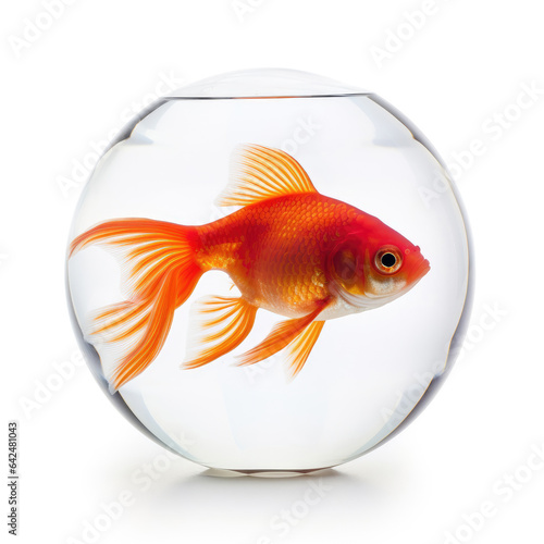 Round aquarium with a goldfish on a white background