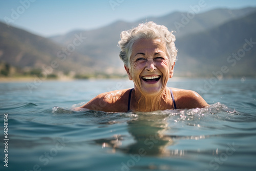 Elderly senior adult swimming in lake. Healthy lifestyle. Generative AI
