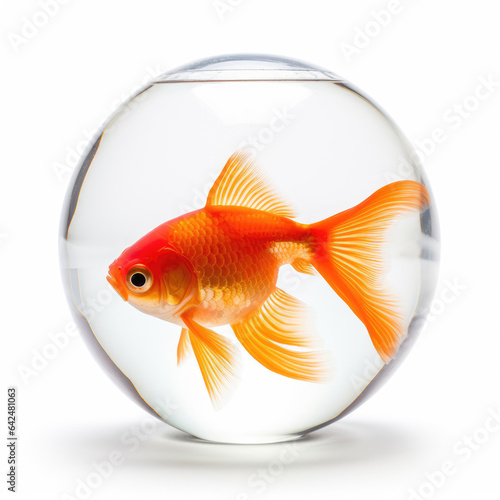 Round aquarium with a goldfish on a white background