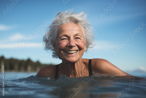 Elderly senior adult swimming in lake. Healthy lifestyle. Generative AI © marcin jucha