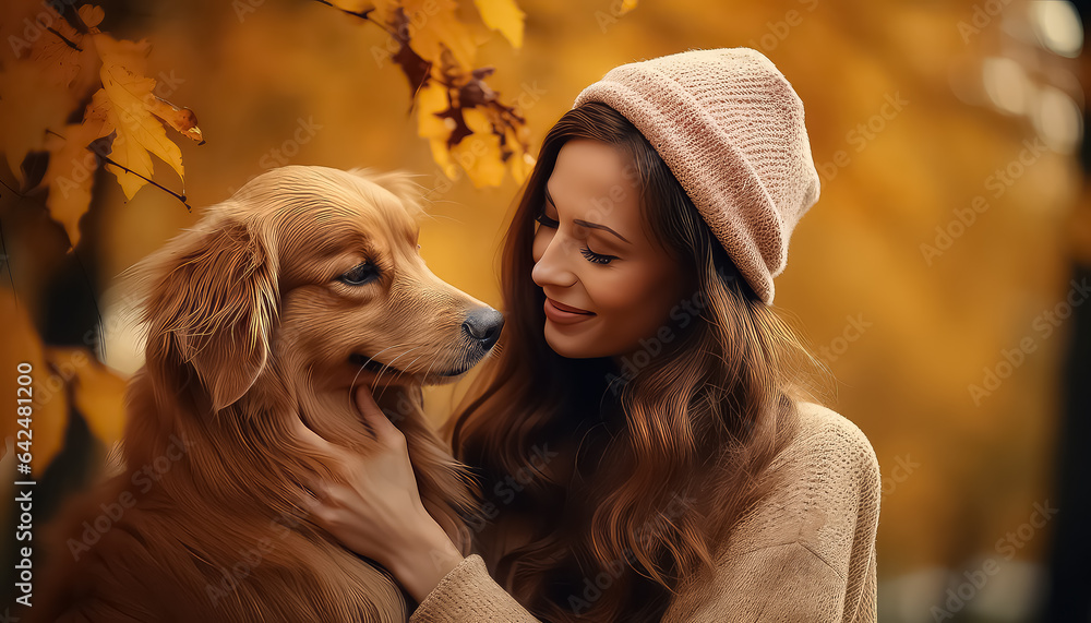 Young woman in park with her dog in autumn time
