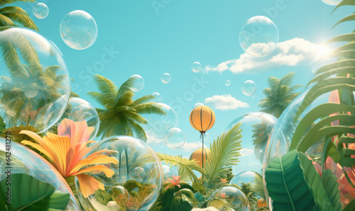 Vibrant tropical scene with layered glassmorphism effect. Created by AI photo