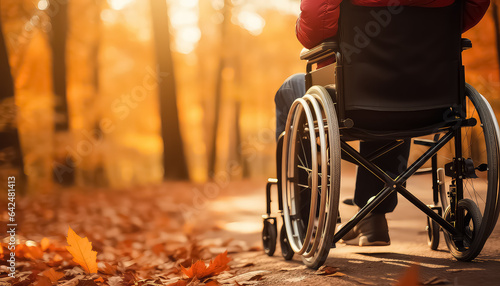 person enjoying a walk in an autumn park sitting on wheel chair.