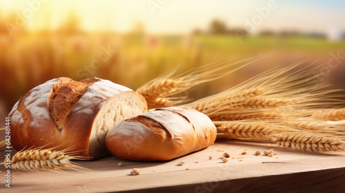 Fresh bread rests on a wooden surface against a field of wheat in the background