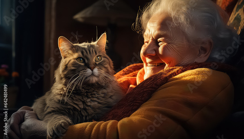 Elderly woman holding a cute cat while sitting on cozy sofa