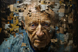 portrait of a sick senior man with puzzle pieces on his face. Mental health dementia, alzheimer and memory illness