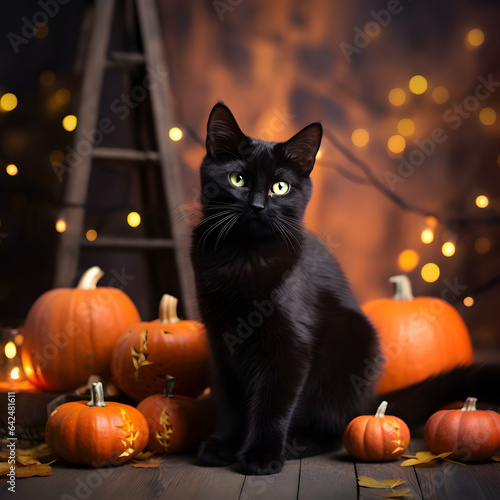 Black cat and pumpkins. Halloween decoration background.