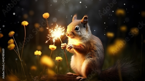 Cute squirrel and bright dandelion in jungle