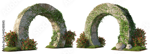 Cut out stone arch covered with ivy. Entrance gate isolated on transparent background. Stone archway for landscaping or garden design. 