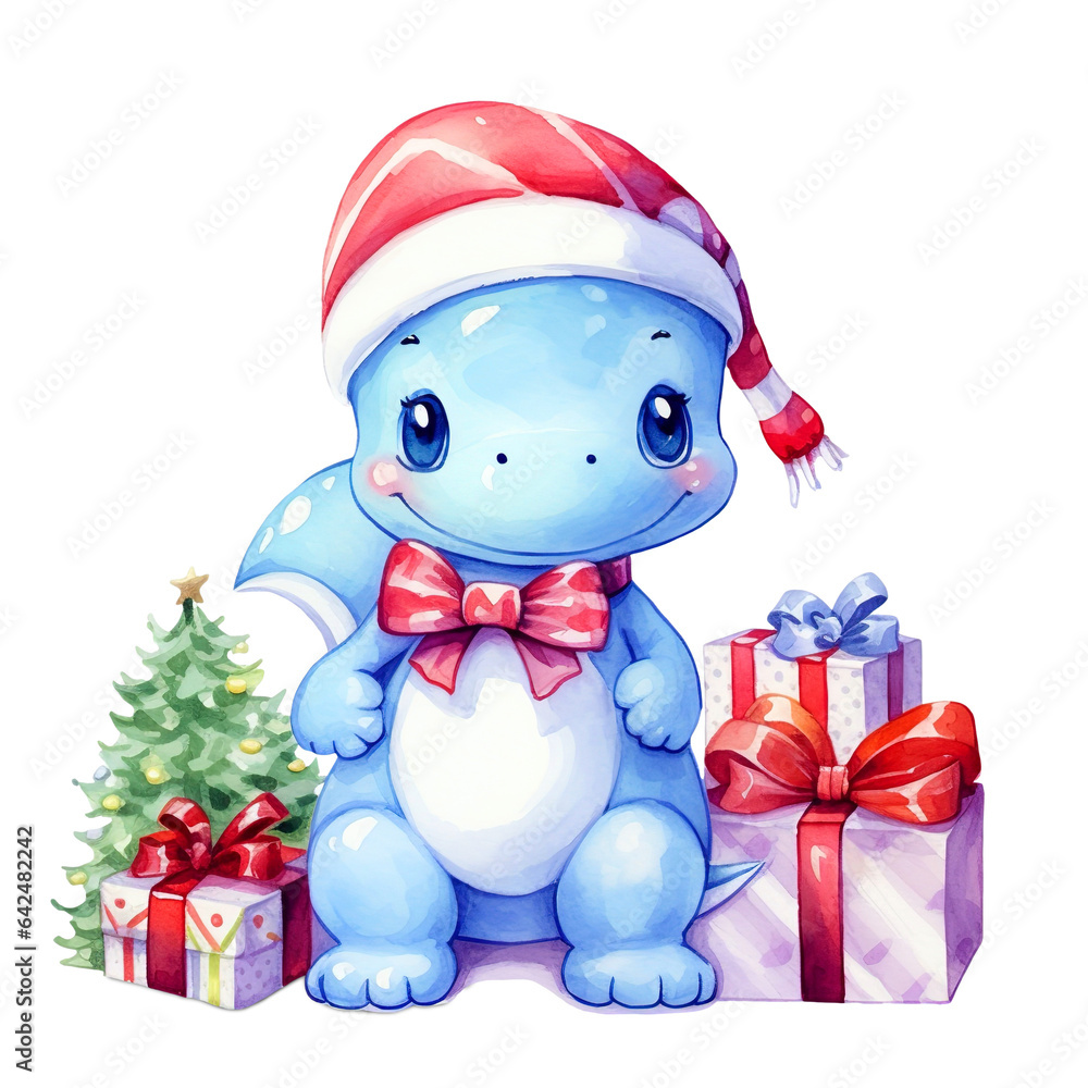 Cute dinosaur christmas with Santa Hat and Presents watercolor clipart isolated on Transparent Background. Dinosaur christmas png clipart. Cute dinosaur christmas with Santa Hat and Presents watercolor clipart isolated on Transparent Background. Dinosaur christmas png clipart.