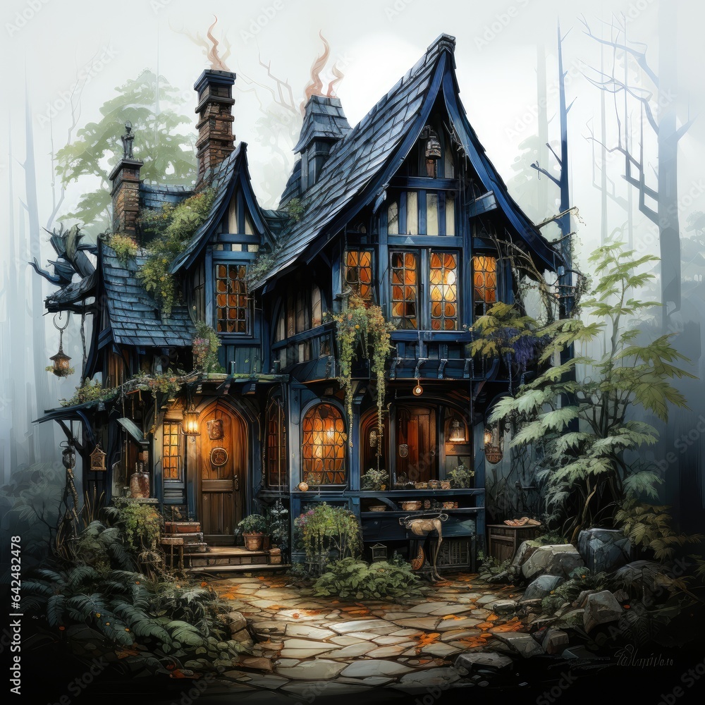 Fototapeta premium Witch's Cottage: Illustrate a cozy yet creepy witch's cottage nestled deep in the woods