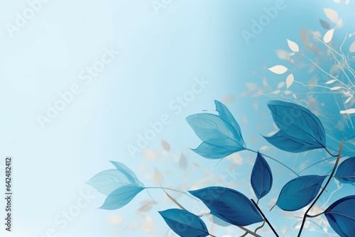 Pale blue leaves and skeletal forms adorn blue canvas with text area © Muhammad Ishaq
