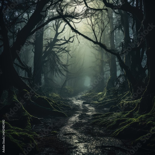 Wicked Forest Create an eerie forest scene filled with twisted trees, glowing eyes