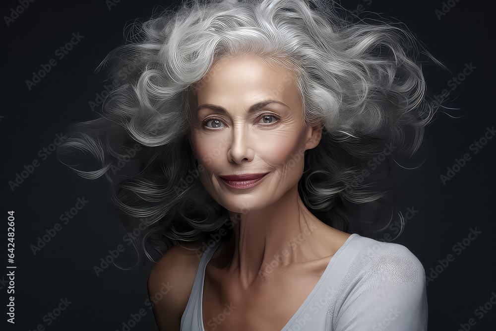 Stylish mature elegant middle aged woman on a gray background.