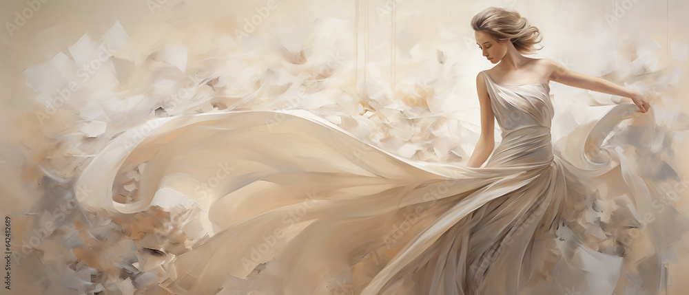 Jasne tło - śliczna kobieta blondynka w pięknej kremowej sukni dynamicznie zwiewanej przez wiatr.  - obrazy, fototapety, plakaty 
