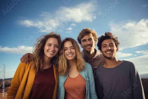 A multiracial group of friends take a selfie on a city street.