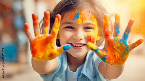 Little happy girl shows her hands stained with paint