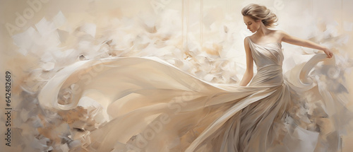 Jasne tło - śliczna kobieta blondynka w pięknej kremowej sukni dynamicznie zwiewanej przez wiatr. 