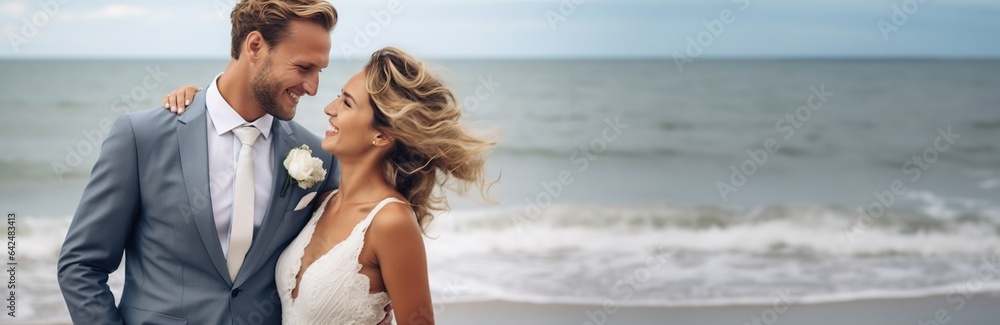 Bride and groom in a suit and wedding dress on the seashore at the beach, looking at each other, copy space. Created with Generative Ai technology. Bride and groom in a suit and wedding dress on the seashore at the beach, looking at each other, copy space. Created with Generative Ai technology.