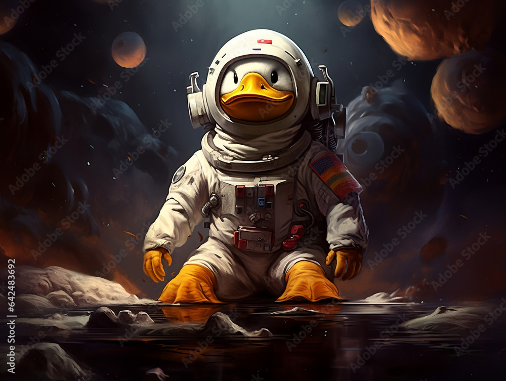 Kosmiczne brzydkie kaczątko - kaczka w kosmosie jako astronauta w skafandrze na innej planecie. - obrazy, fototapety, plakaty 