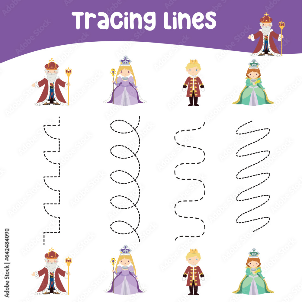 Tracing vertical lines activity with cute fairytale kingdom theme