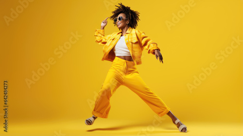 Full length body size view of attractive carefree girl dancing isolated over yellow background